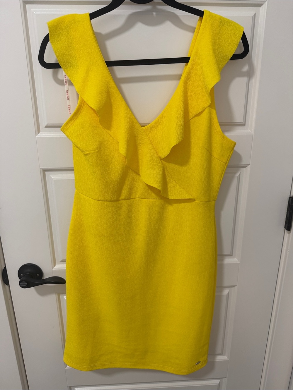 Guess Bright Yellow Ruffle V-Neck Mini Dress
